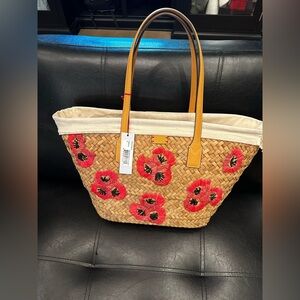 Embroidered Straw Tote with Red Floral Accents